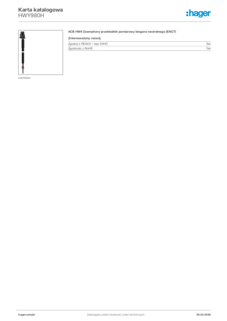 Zdjęcie Hager Karta katalogowa HWY980H | Hager Polska