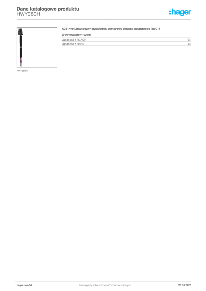 Zdjęcie Hager Dane katalogowe produktu HWY980H | Hager Polska