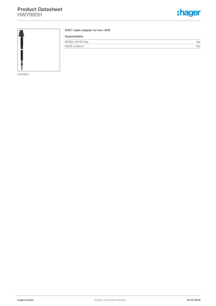 Image Hager Product data sheet HWY980H  | Hager Australia