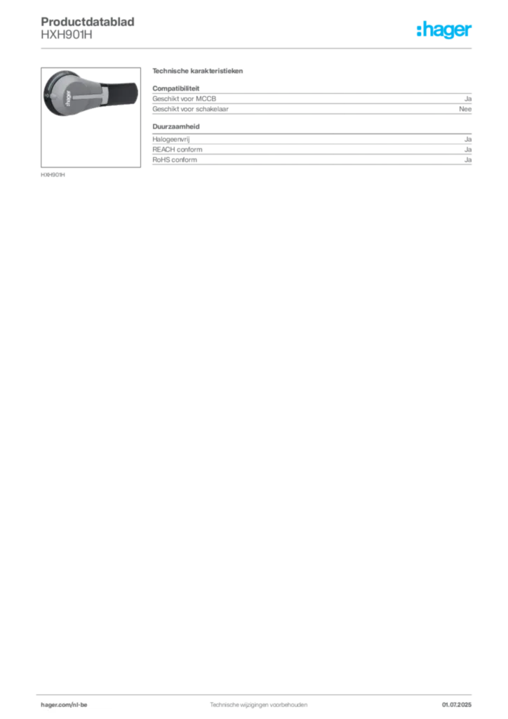 Afbeelding Hager Productdatablad HXH901H | Hager Belgium