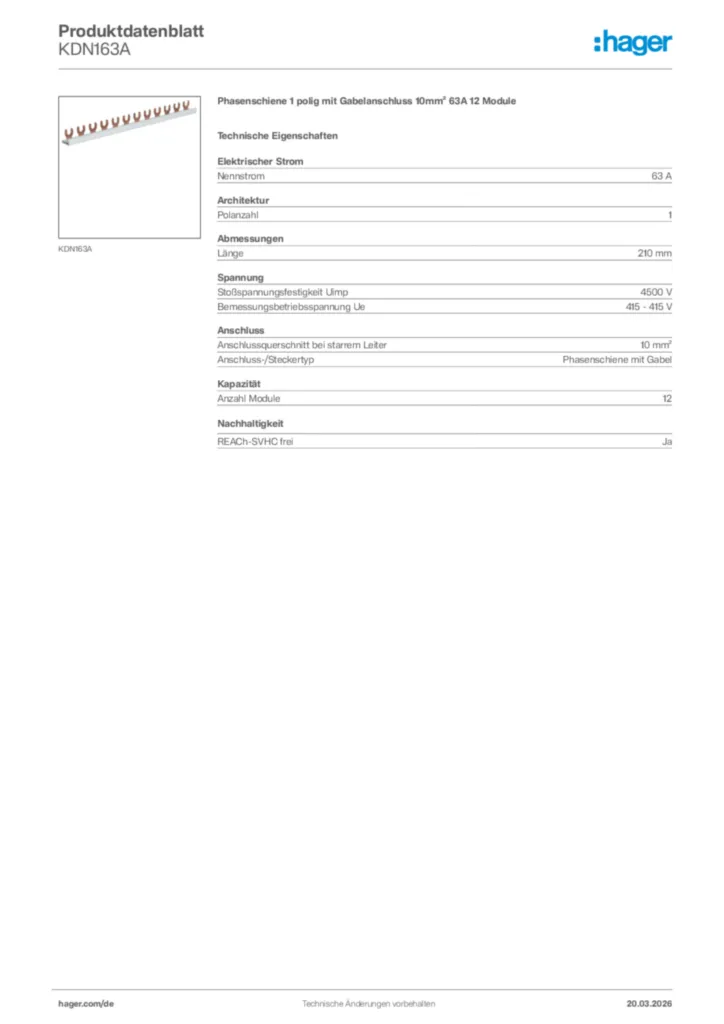 Bild Hager Produktdatenblatt KDN163A | Hager Deutschland