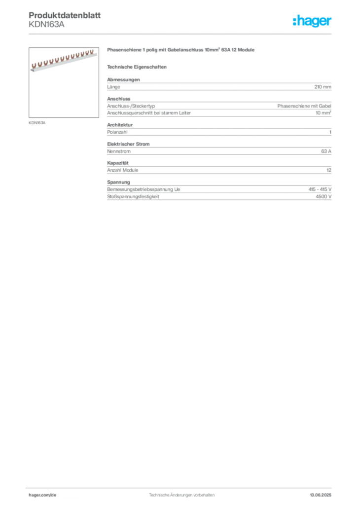 Bild Hager Produktdatenblatt KDN163A | Hager Deutschland