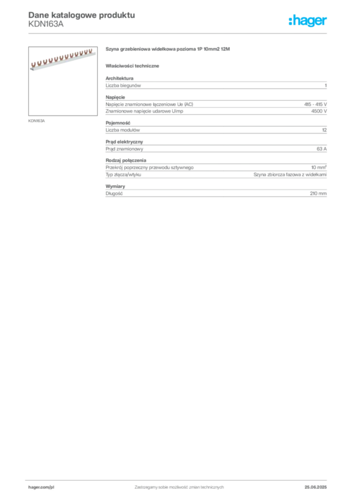 Zdjęcie Hager Dane katalogowe produktu KDN163A | Hager Polska