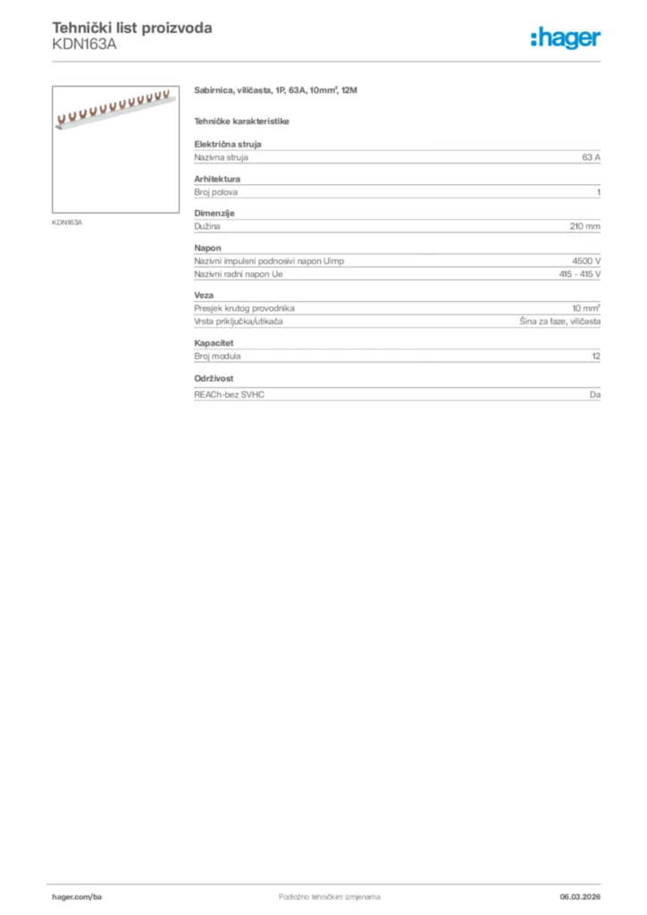Slika Hager Tehnički list proizvoda KDN163A  | Hager