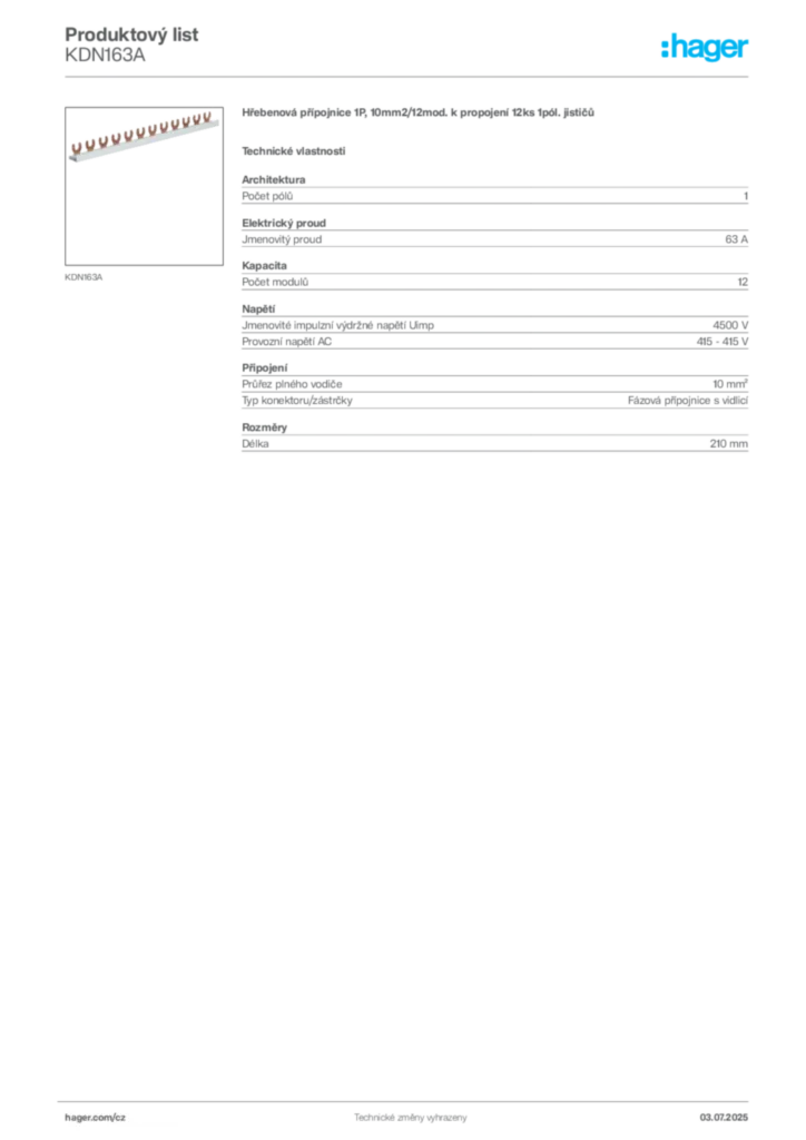 Obrázek Hager Product data sheet KDN163A | Hager