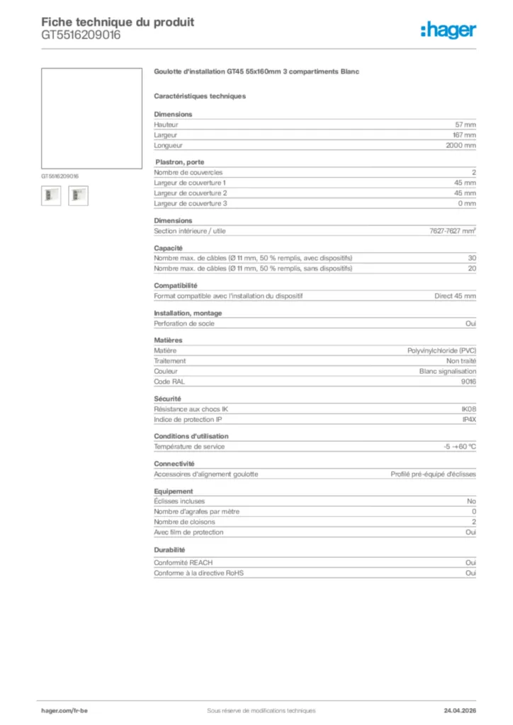 Image Hager Fiche technique du produit GT5516209016 | Hager Belgique