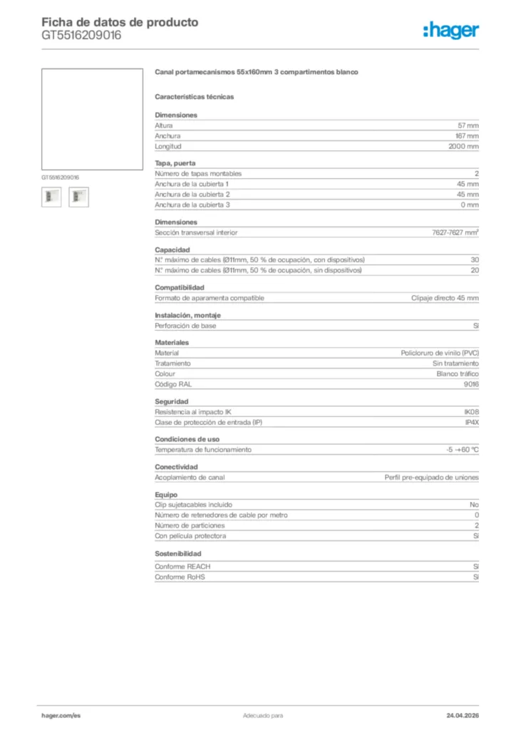 Imagen Hager Ficha de datos de producto GT5516209016 | Hager España