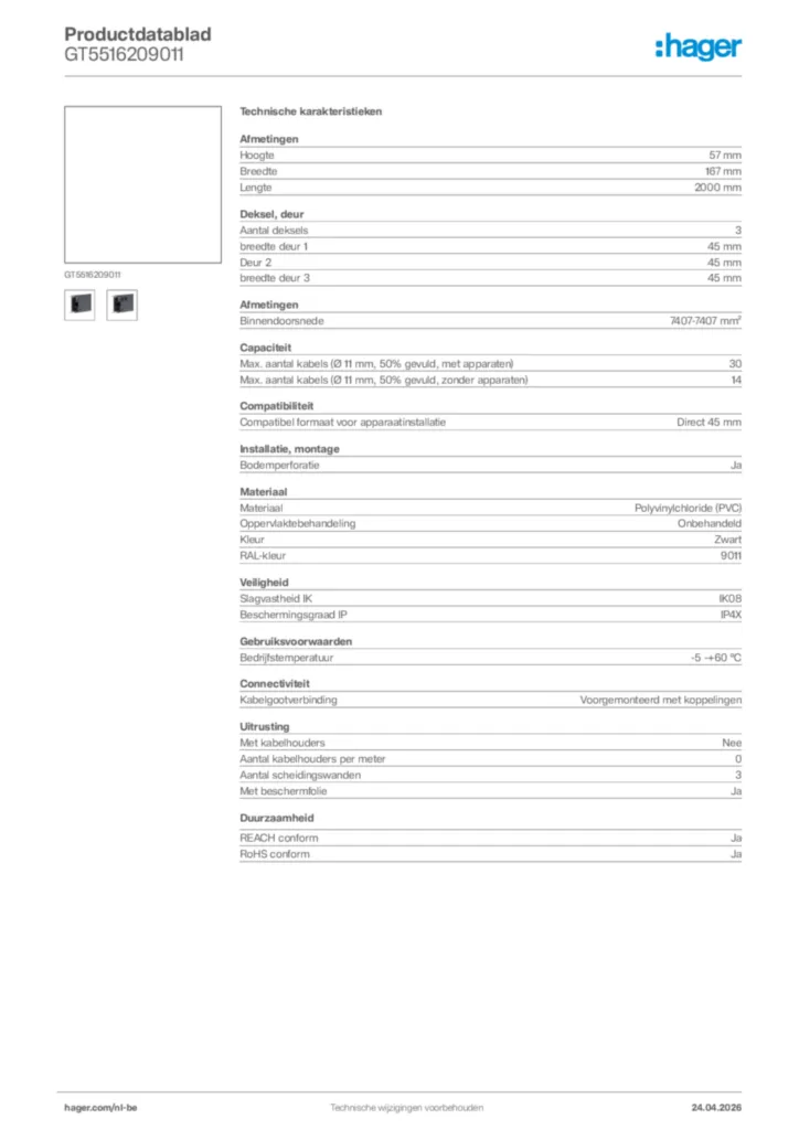 Afbeelding Hager Productdatablad GT5516209011 | Hager Belgium