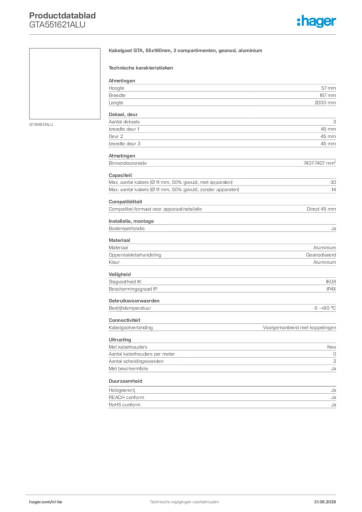 Afbeelding Hager Productdatablad GTA551621ALU | Hager Belgium
