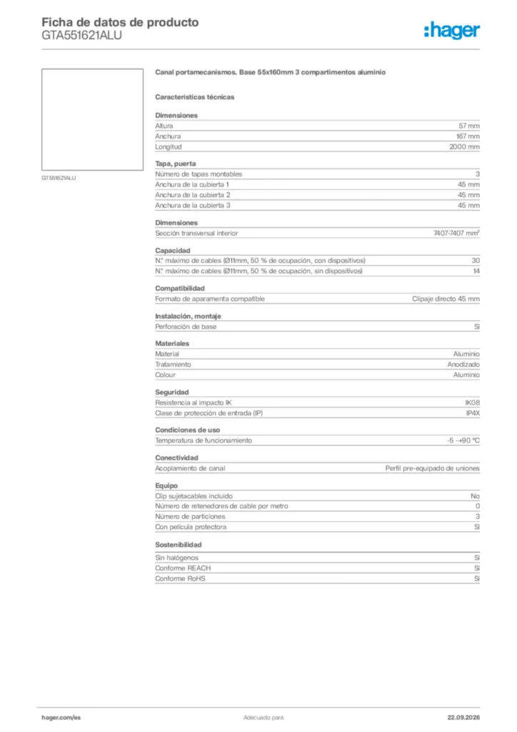 Imagen Hager Ficha de datos de producto GTA551621ALU | Hager España