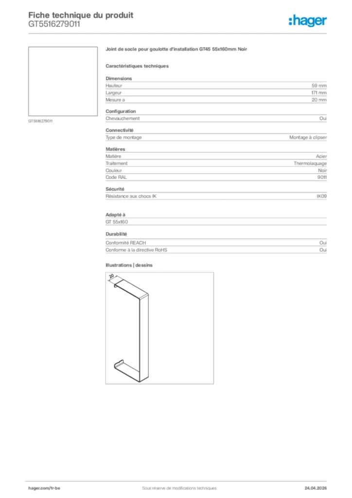 Image Hager Fiche technique du produit GT5516279011 | Hager Belgique
