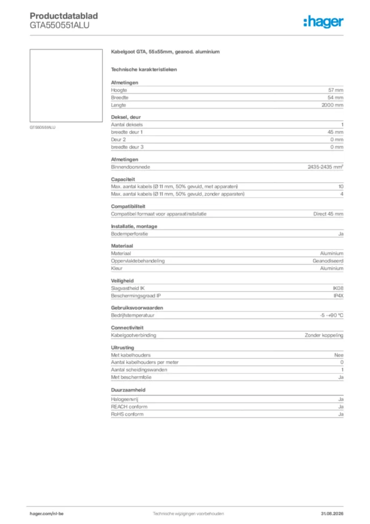 Afbeelding Hager Productdatablad GTA550551ALU | Hager Belgium