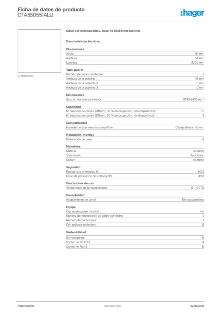 Imagen Hager Ficha de datos de producto GTA550551ALU | Hager España