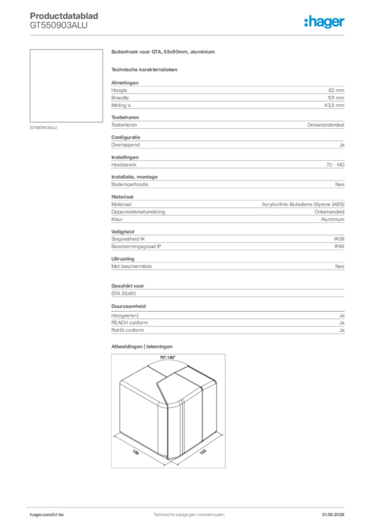 Afbeelding Hager Productdatablad GT550903ALU | Hager Belgium