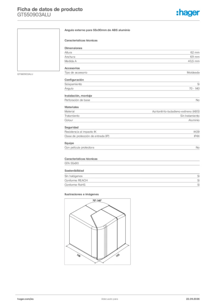 Imagen Hager Ficha de datos de producto GT550903ALU | Hager España