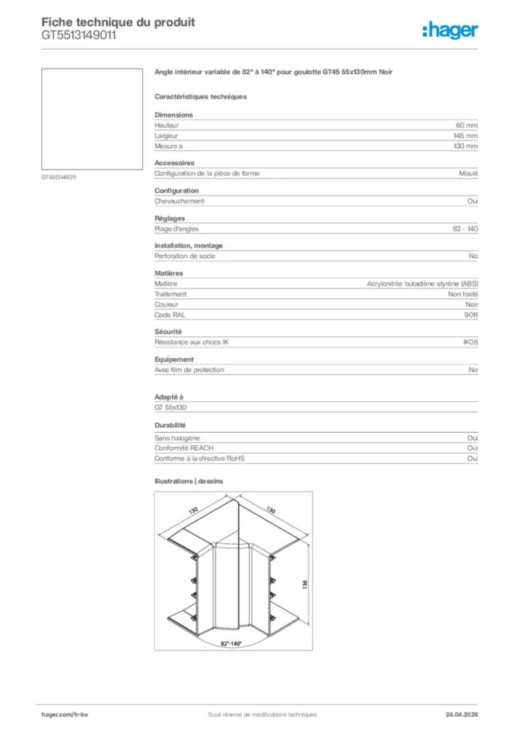 Image Hager Fiche technique du produit GT5513149011 | Hager Belgique