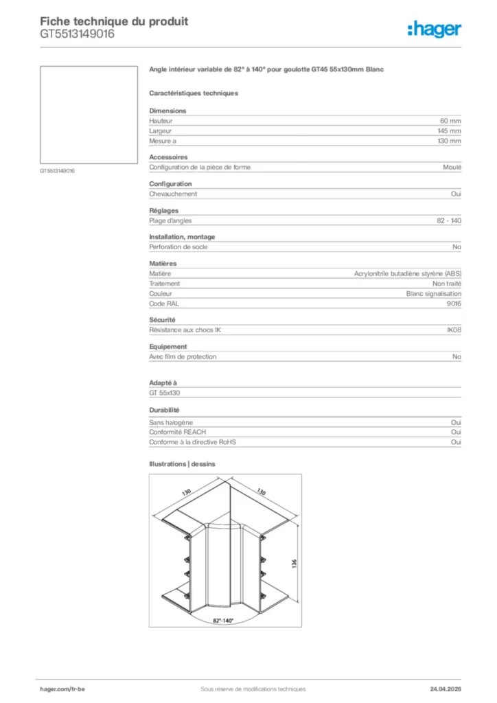 Image Hager Fiche technique du produit GT5513149016 | Hager Belgique