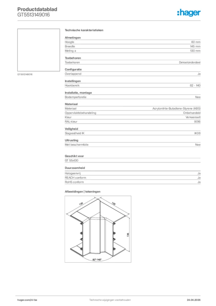Afbeelding Hager Productdatablad GT5513149016 | Hager Belgium
