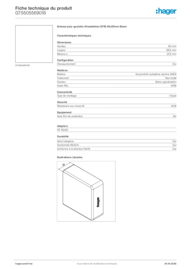 Image Hager Fiche technique du produit GT5505569016 | Hager Belgique