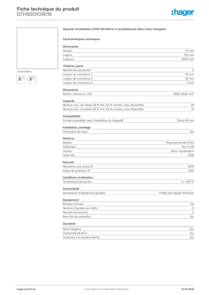 Image Hager Fiche technique du produit GTH5513109016 | Hager Belgique