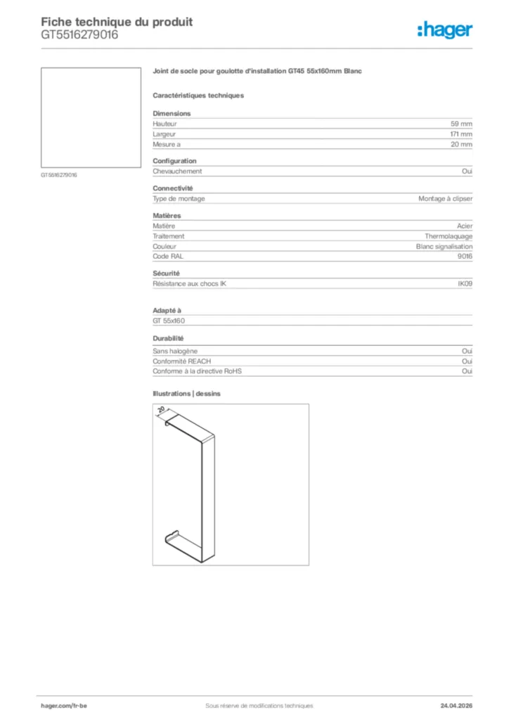 Image Hager Fiche technique du produit GT5516279016 | Hager Belgique