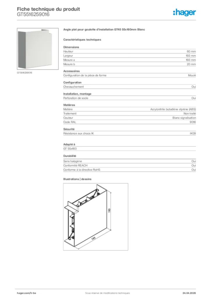 Image Hager Fiche technique du produit GT5516259016 | Hager Belgique