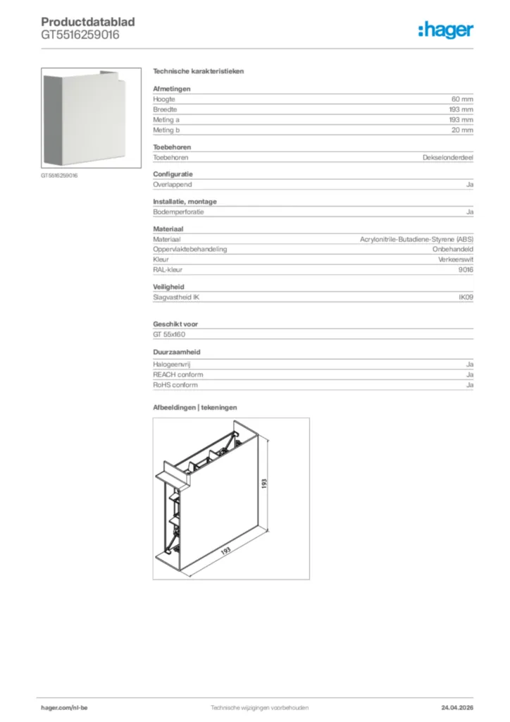 Afbeelding Hager Productdatablad GT5516259016 | Hager Belgium