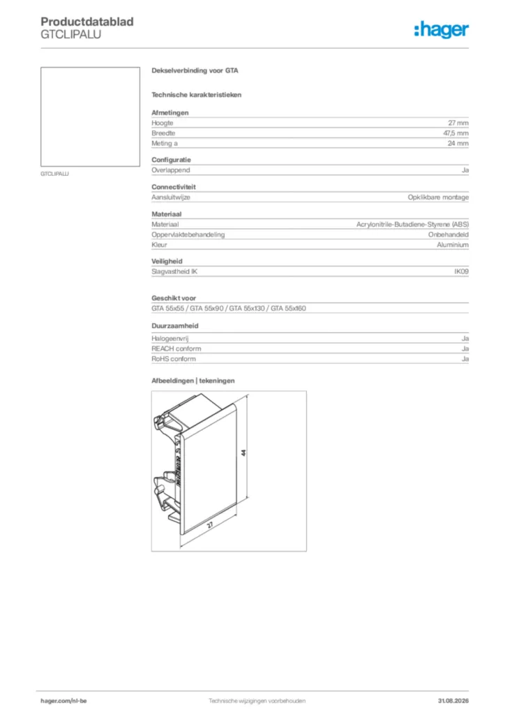 Afbeelding Hager Productdatablad GTCLIPALU | Hager Belgium