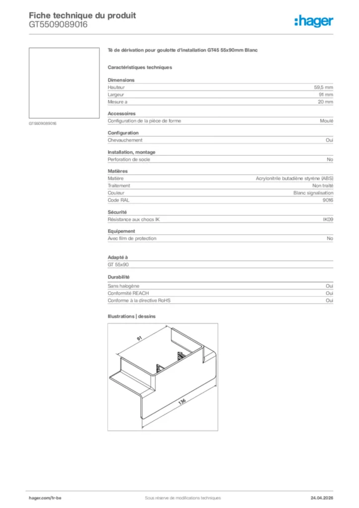 Image Hager Fiche technique du produit GT5509089016 | Hager Belgique