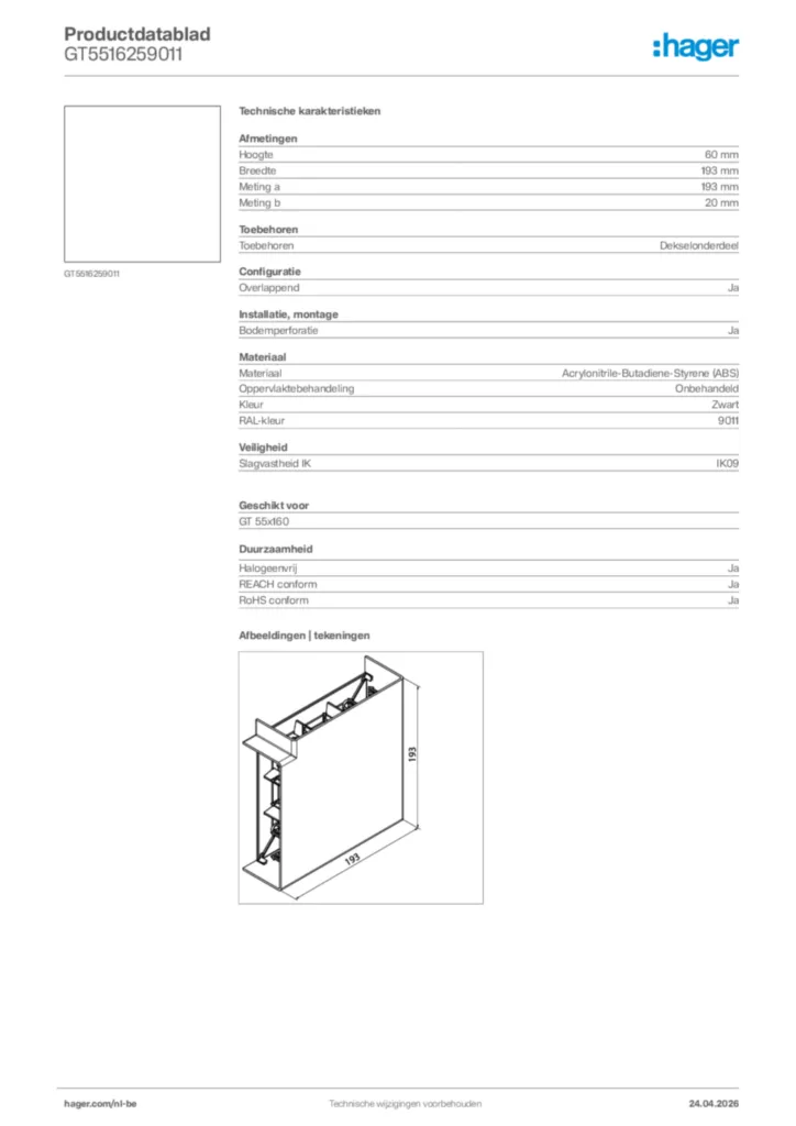 Afbeelding Hager Productdatablad GT5516259011 | Hager Belgium