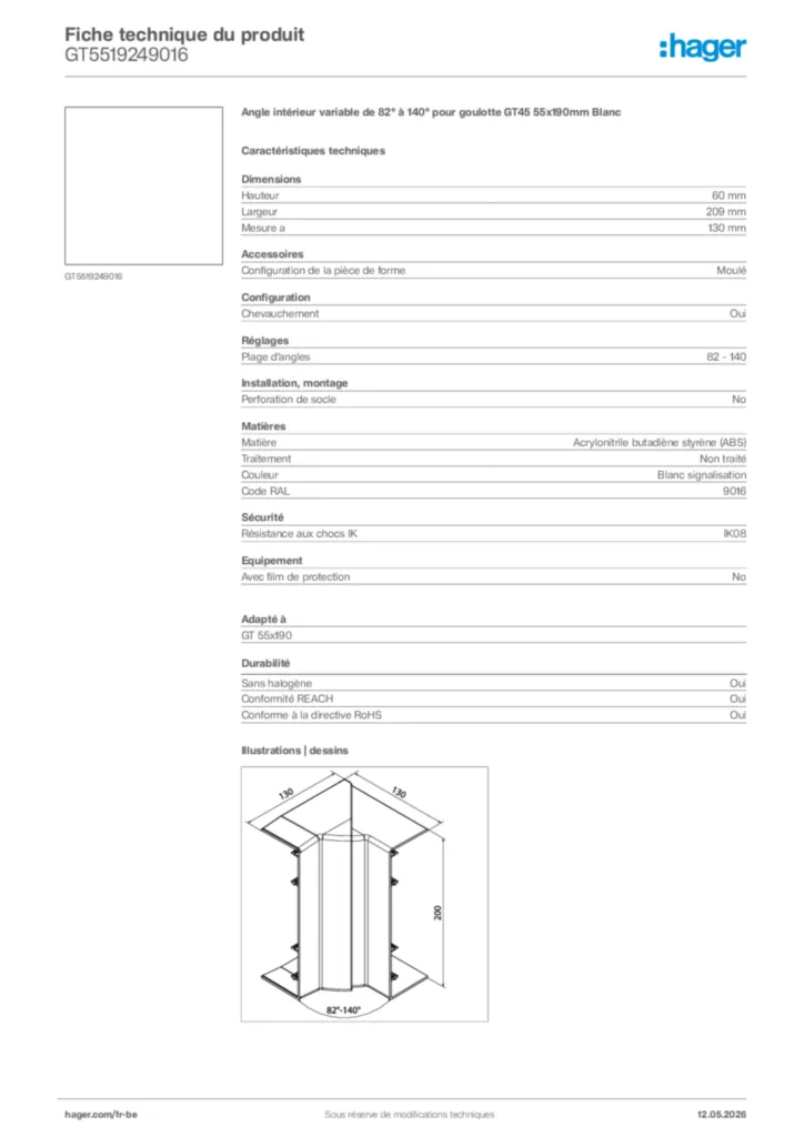 Image Hager Fiche technique du produit GT5519249016 | Hager Belgique