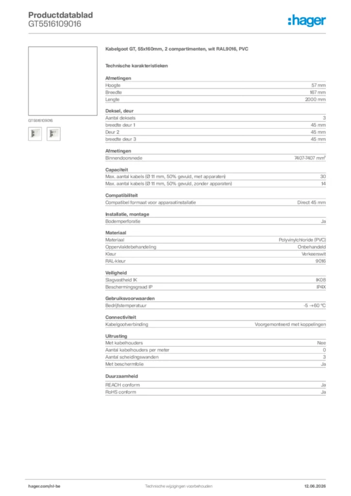 Afbeelding Hager Productdatablad GT5516109016 | Hager Belgium