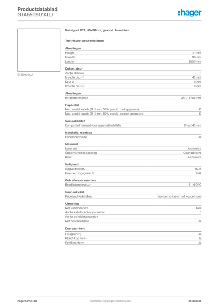 Afbeelding Hager Productdatablad GTA550901ALU | Hager Belgium