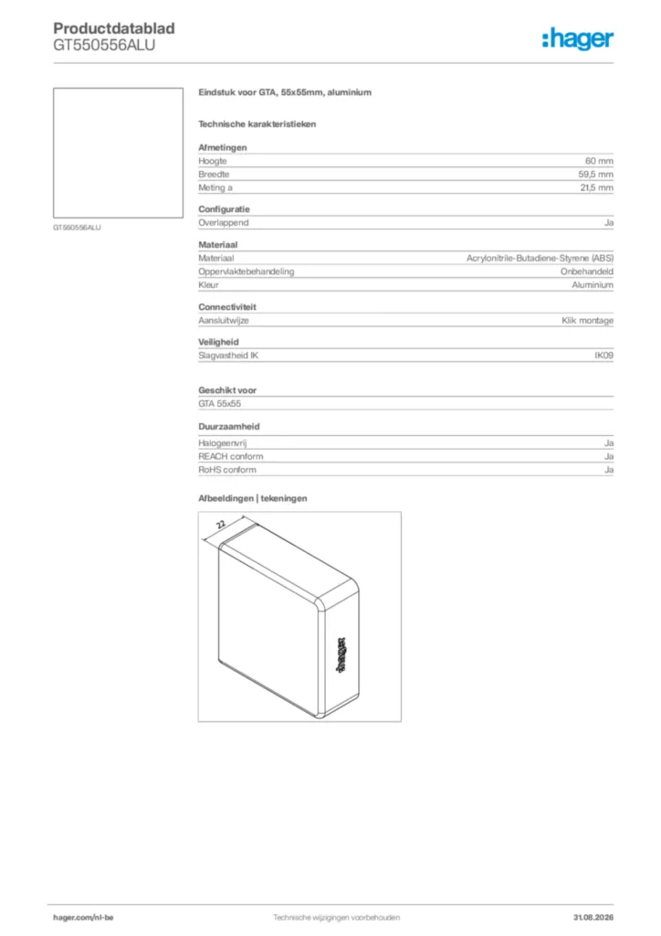 Afbeelding Hager Productdatablad GT550556ALU | Hager Belgium