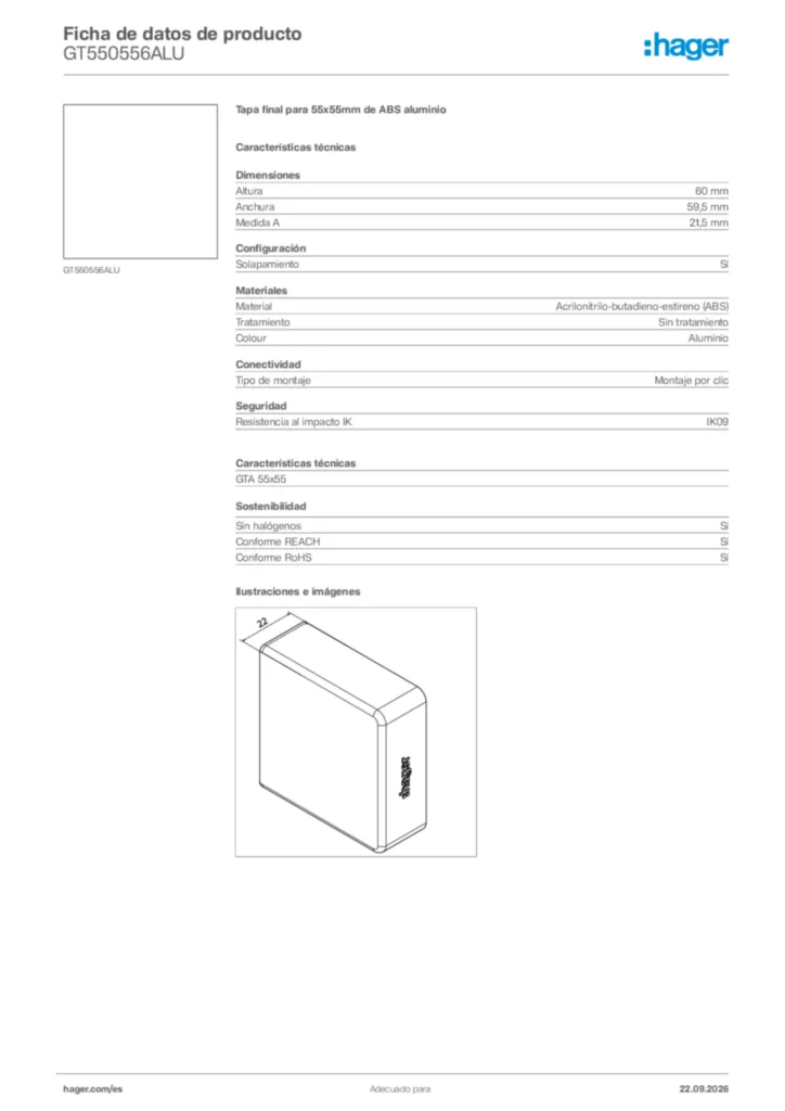 Imagen Hager Ficha de datos de producto GT550556ALU | Hager España