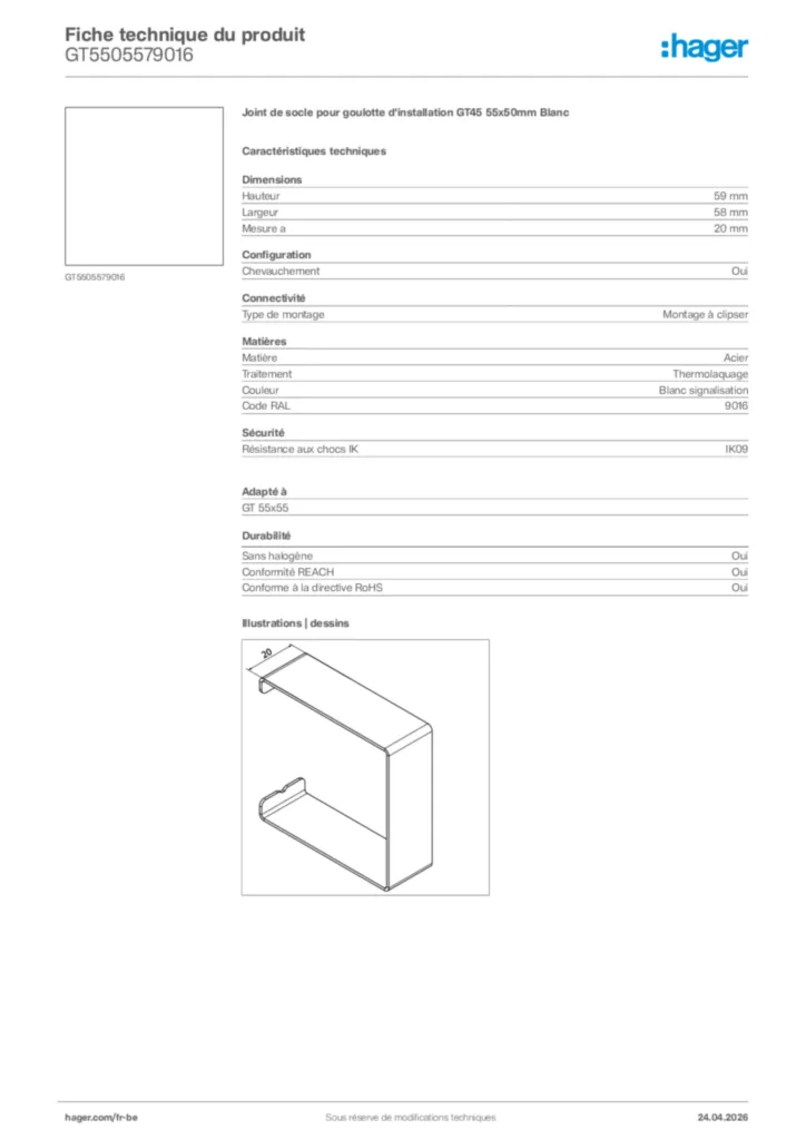Image Hager Fiche technique du produit GT5505579016 | Hager Belgique