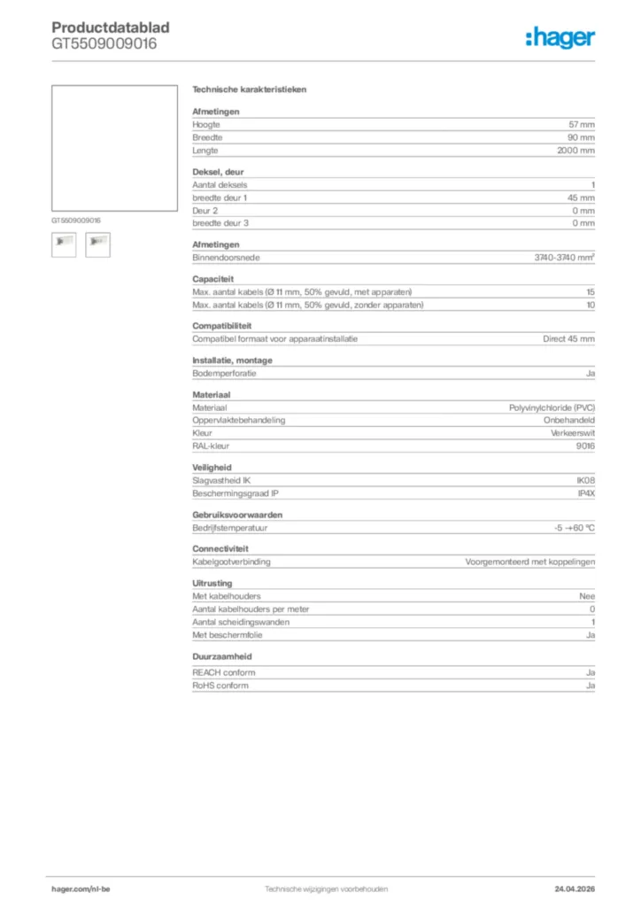 Afbeelding Hager Productdatablad GT5509009016 | Hager Belgium