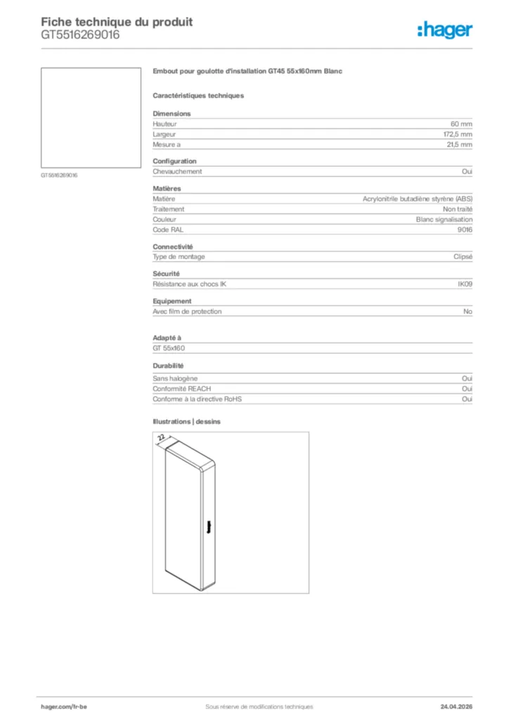 Image Hager Fiche technique du produit GT5516269016 | Hager Belgique