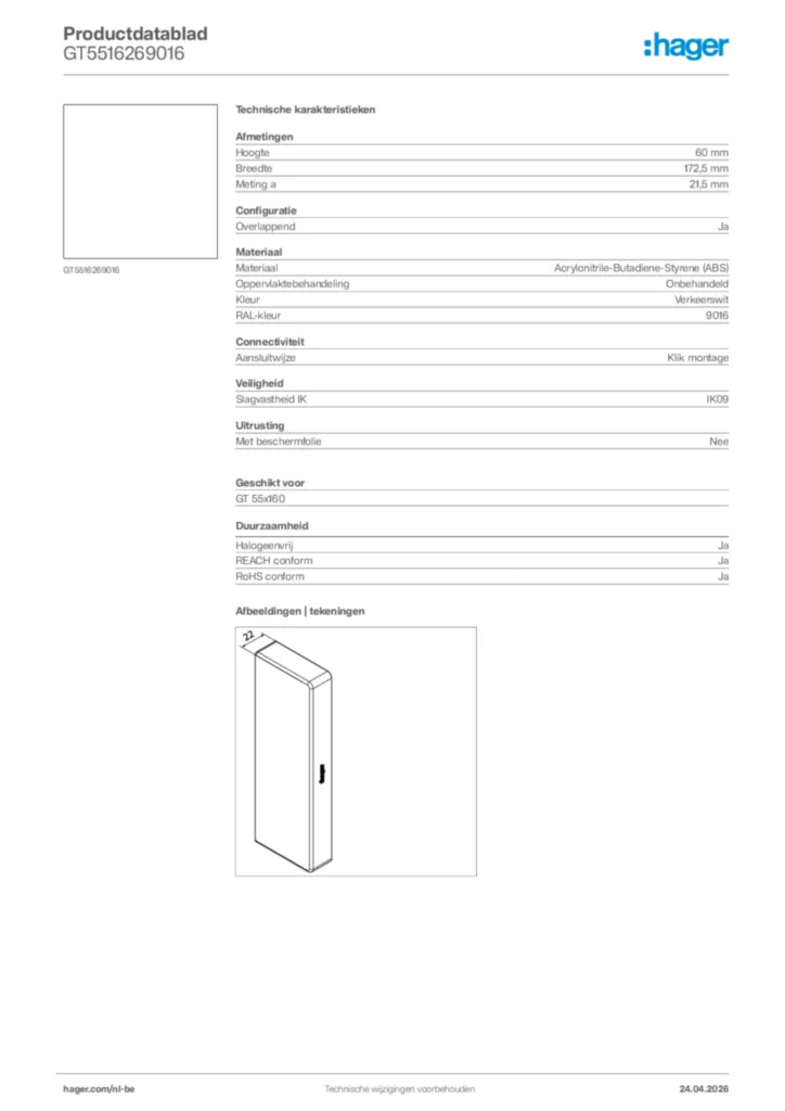 Afbeelding Hager Productdatablad GT5516269016 | Hager Belgium