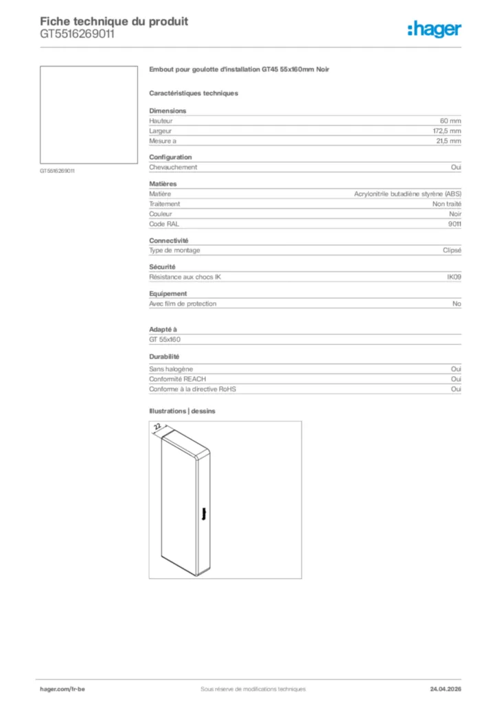 Image Hager Fiche technique du produit GT5516269011 | Hager Belgique