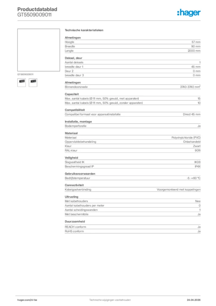 Afbeelding Hager Productdatablad GT5509009011 | Hager Belgium