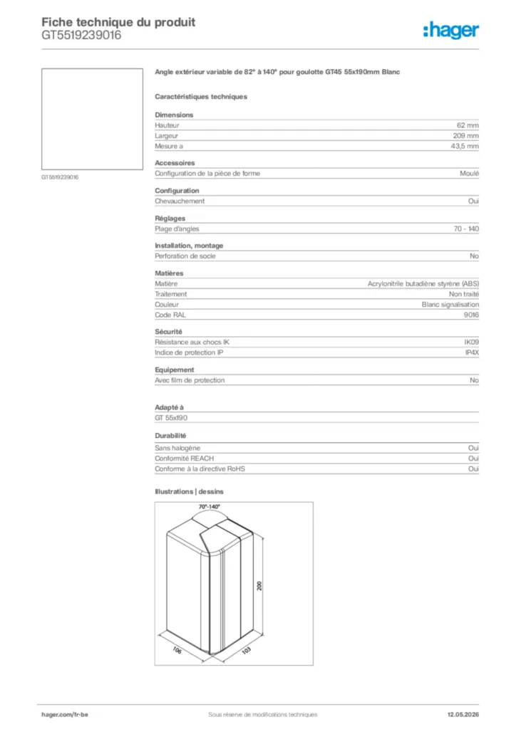 Image Hager Fiche technique du produit GT5519239016 | Hager Belgique