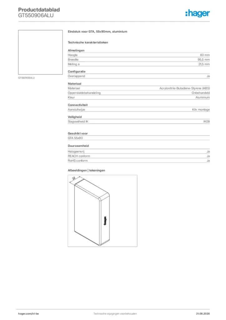 Afbeelding Hager Productdatablad GT550906ALU | Hager Belgium