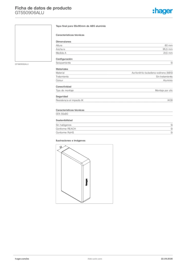 Imagen Hager Ficha de datos de producto GT550906ALU | Hager España