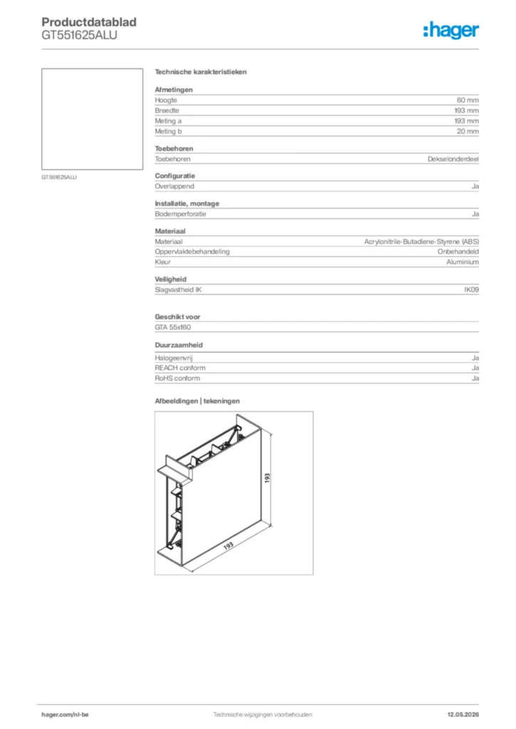 Afbeelding Hager Productdatablad GT551625ALU | Hager Belgium