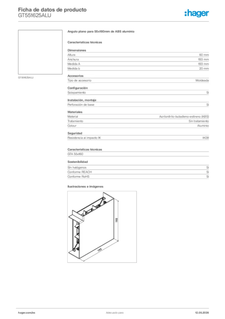 Imagen Hager Ficha de datos de producto GT551625ALU | Hager España