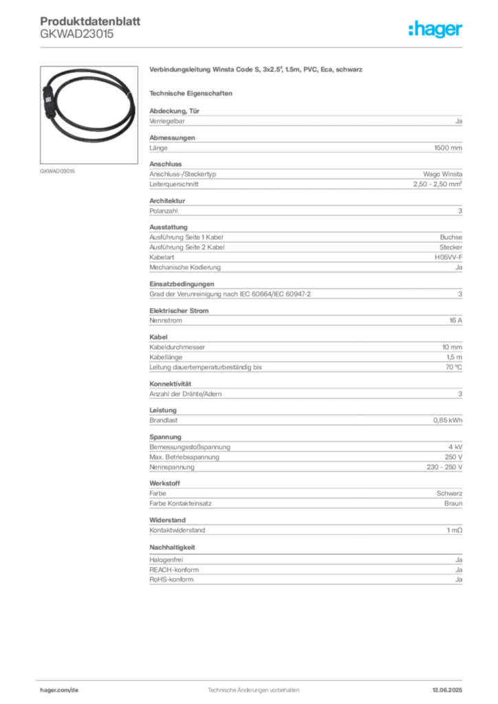 Hager Produktdatenblatt GKWAD23015