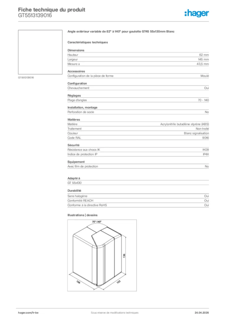 Image Hager Fiche technique du produit GT5513139016 | Hager Belgique