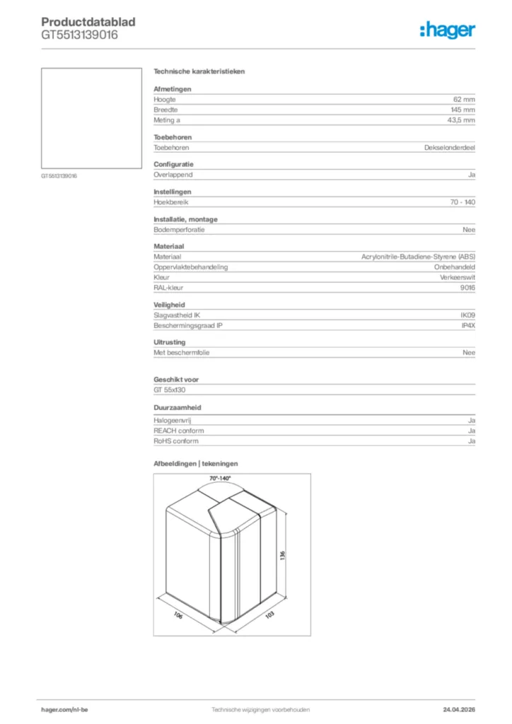 Afbeelding Hager Productdatablad GT5513139016 | Hager Belgium