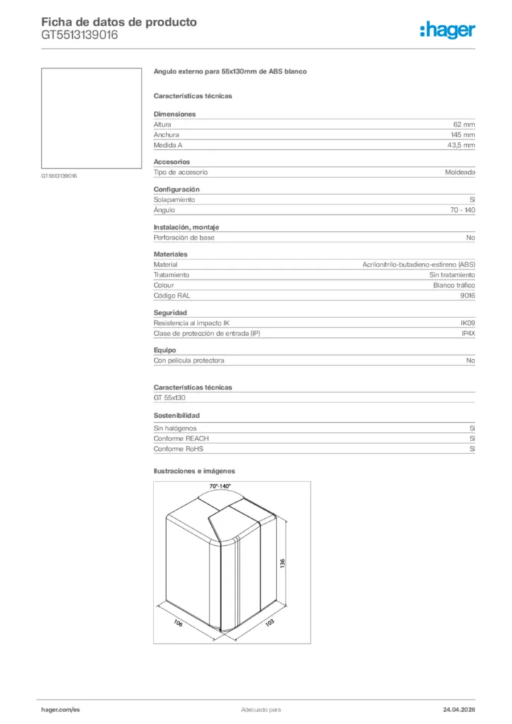 Imagen Hager Ficha de datos de producto GT5513139016 | Hager España